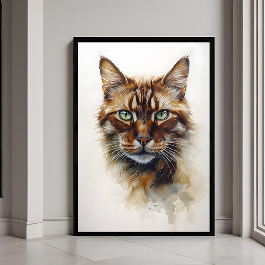 A watercolor portrait of a ginger cat with expressive green eyes

