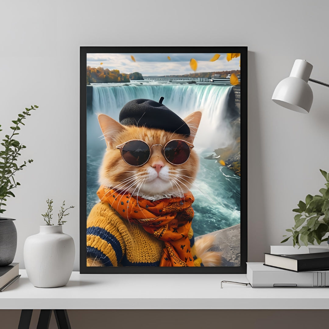 Traveler Cat – Set of 3 Whimsical Wall Art Prints (Paris, Niagara, London)