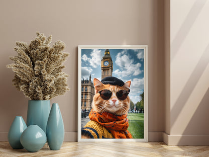 Funny London Cat Art Print | Big Ben Wall Decor