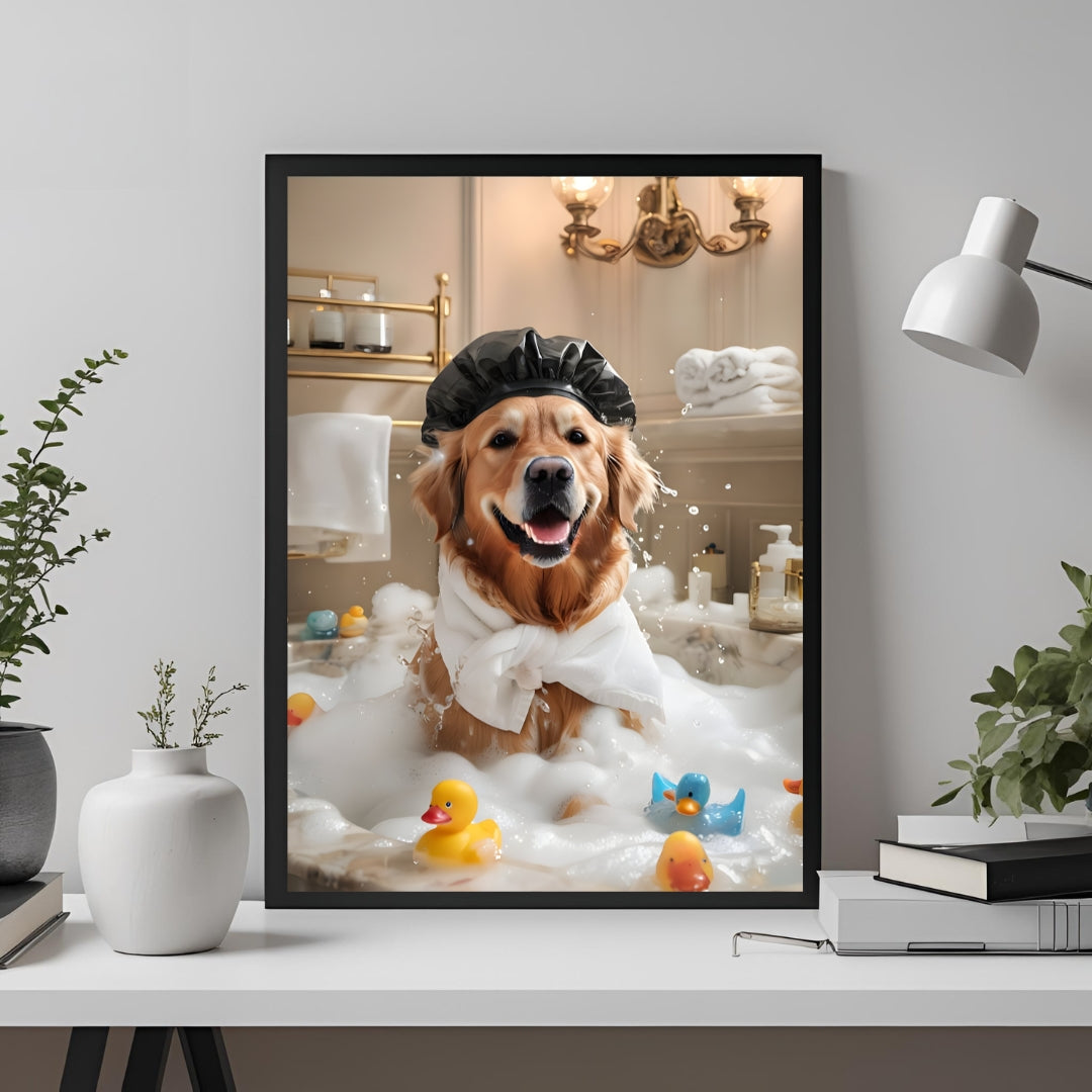A charming scene of the Golden Retriever surrounded by bubbles and playful ducks.