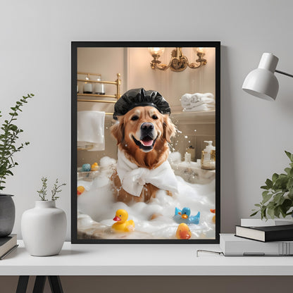 A charming scene of the Golden Retriever surrounded by bubbles and playful ducks.
