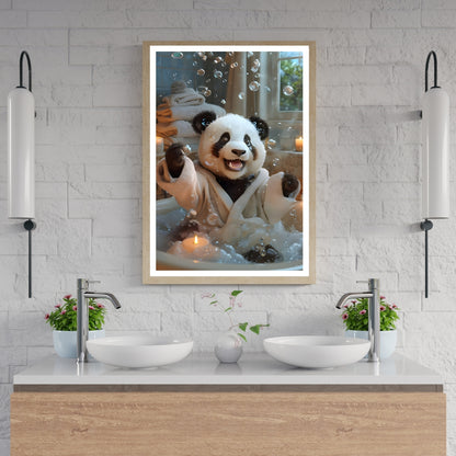 A close-up view showing the adorable Panda's delighted expression in the luxurious bubble bath.