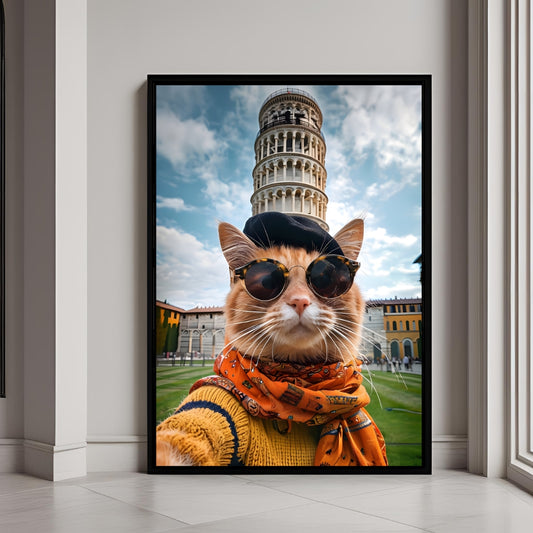 A chic cat tourist taking a selfie at the Leaning Tower of Pisa.

