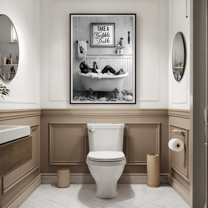 A framed black and white print of a chimpanzee relaxing in a luxurious bubble bath and blowing bubbles.