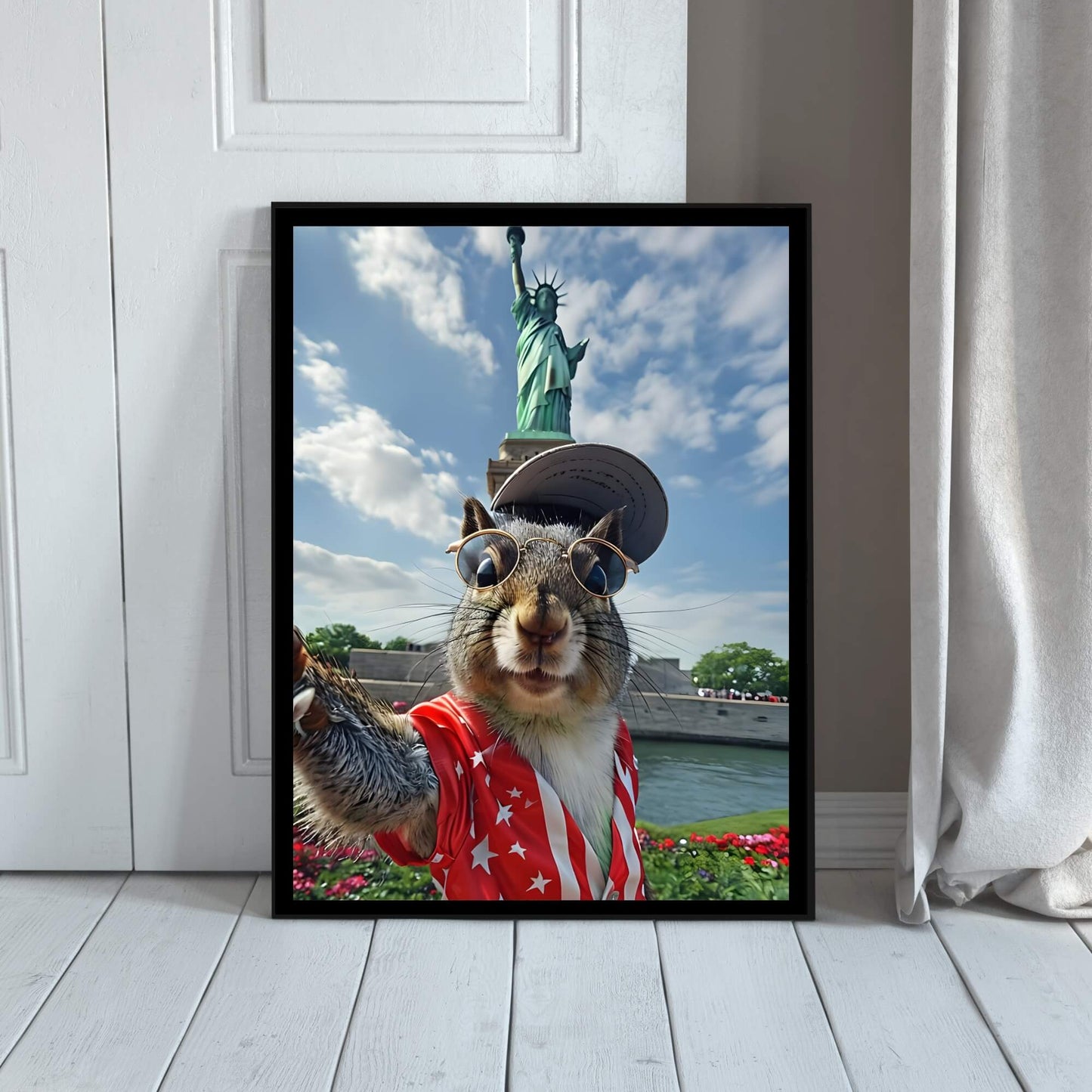 A humorous art print of a squirrel taking a selfie in a city setting, with a focus on its festive outfit.