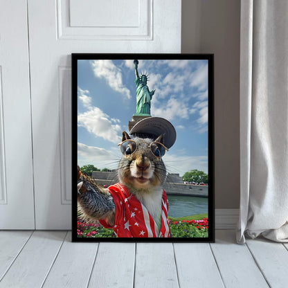 A humorous art print of a squirrel taking a selfie in a city setting, with a focus on its festive outfit.