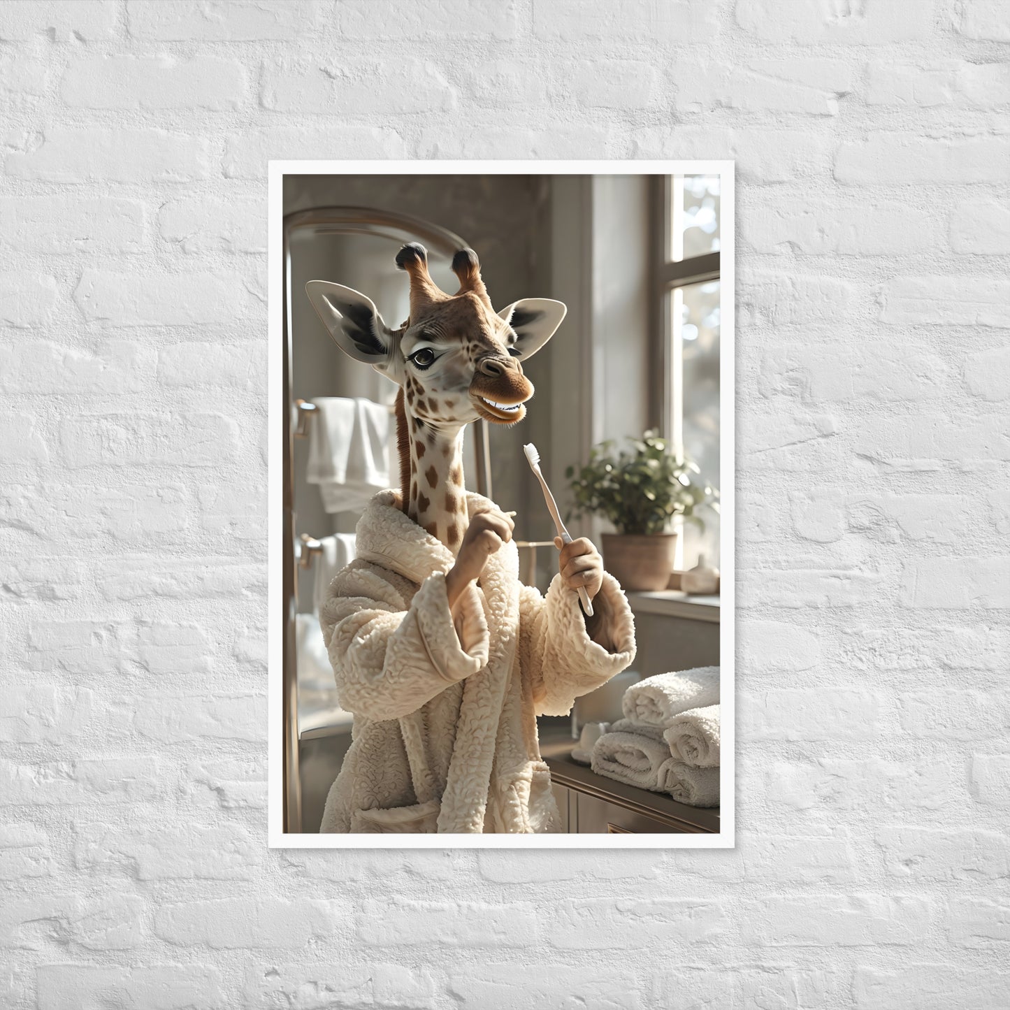 A detailed image highlighting the clean, bright aesthetic of the bathroom and the animal portrait.