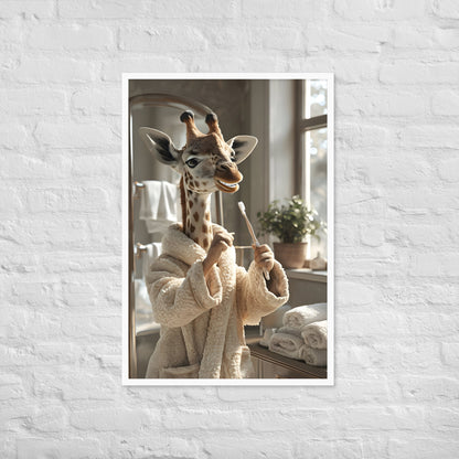 A detailed image highlighting the clean, bright aesthetic of the bathroom and the animal portrait.