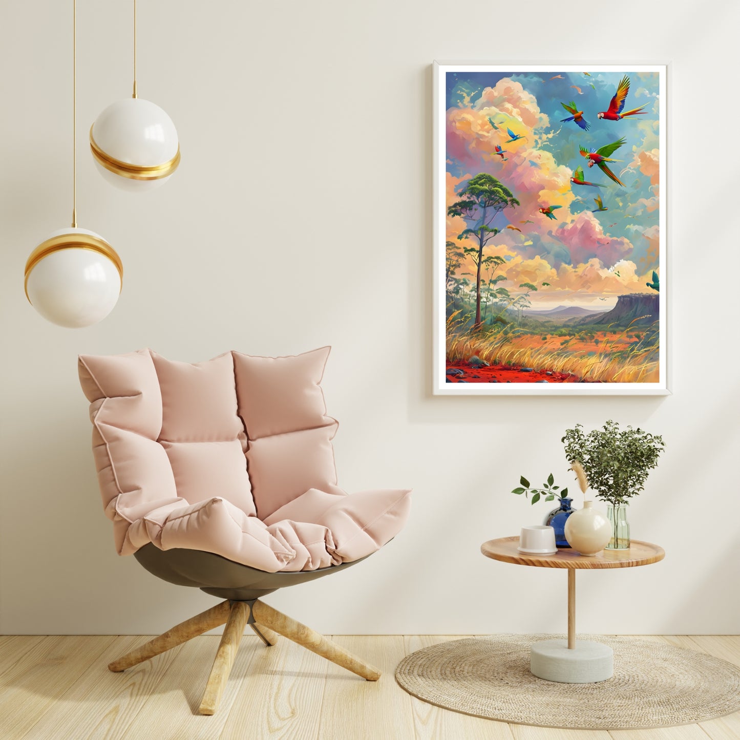 A full-view shot of the framed print, showing the vast jungle scene and the colorful macaws soaring above.