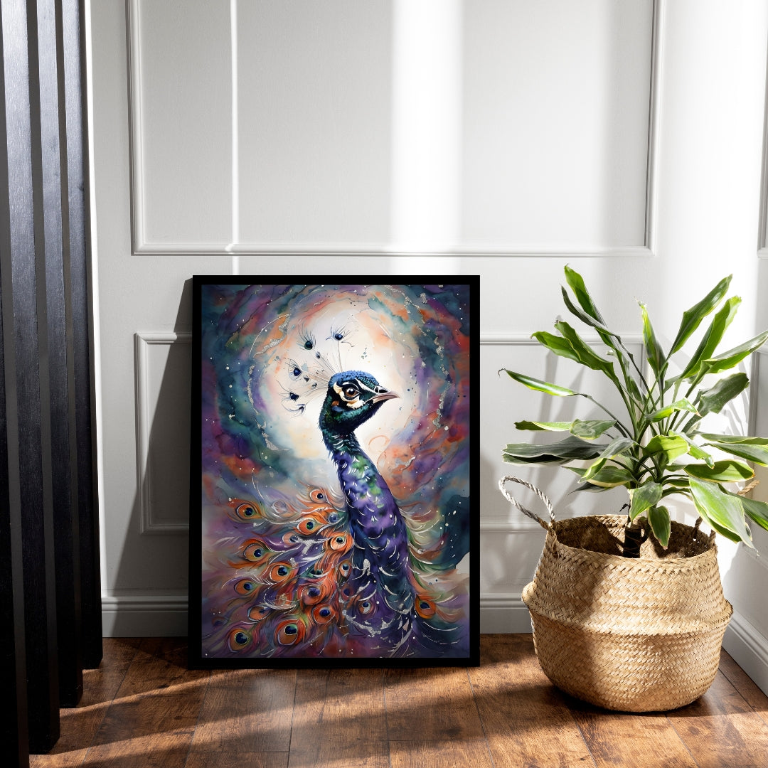 An angled shot of the framed art, highlighting the detailed and intricate watercolor style of the feathers.