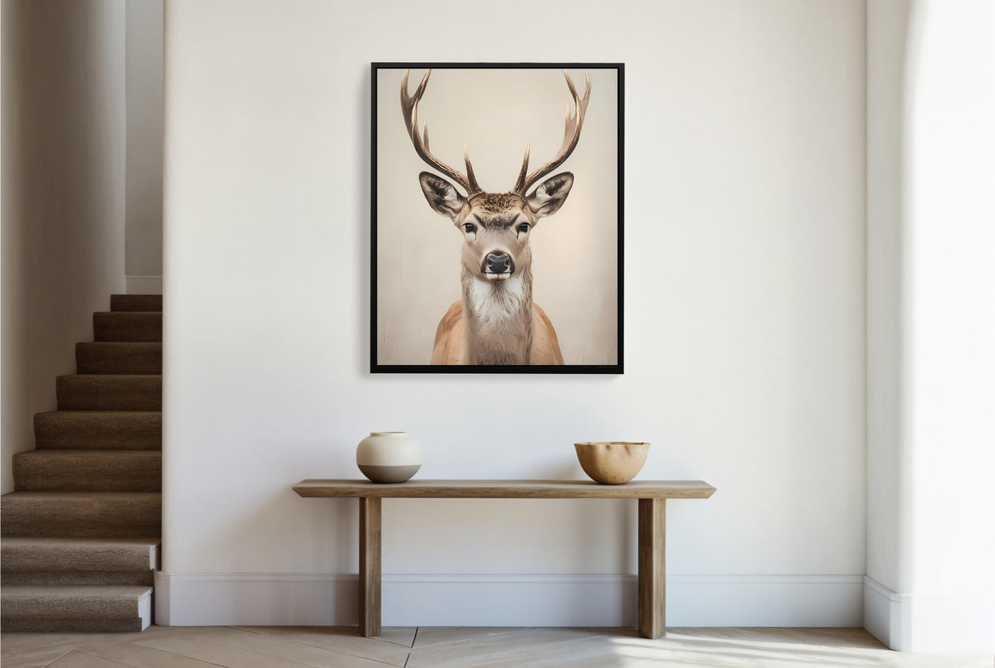 A close-up shot of the stag's face, showing its confident gaze and serene expression.