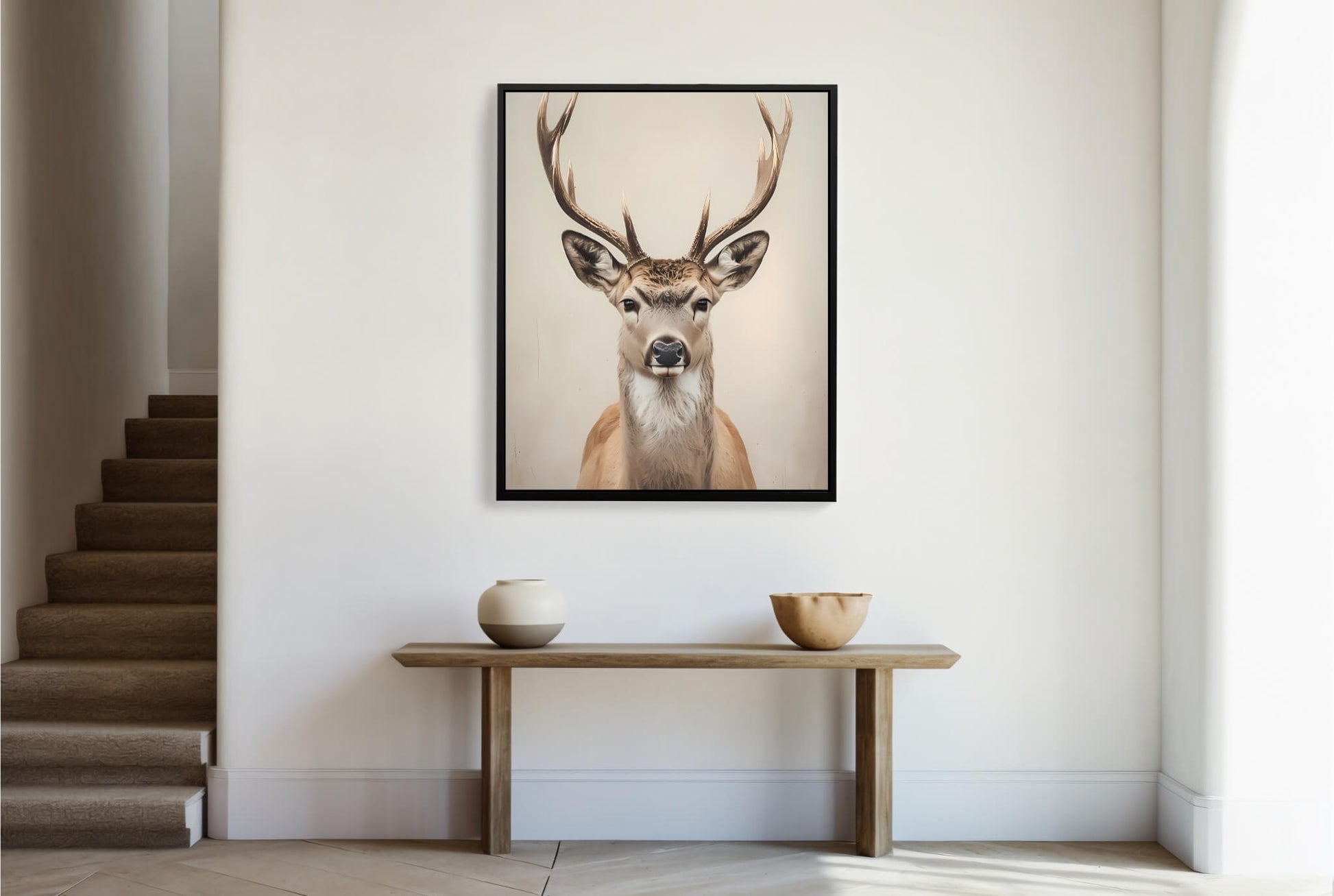 A close-up shot of the stag's face, showing its confident gaze and serene expression.