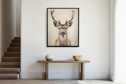 A close-up shot of the stag's face, showing its confident gaze and serene expression.