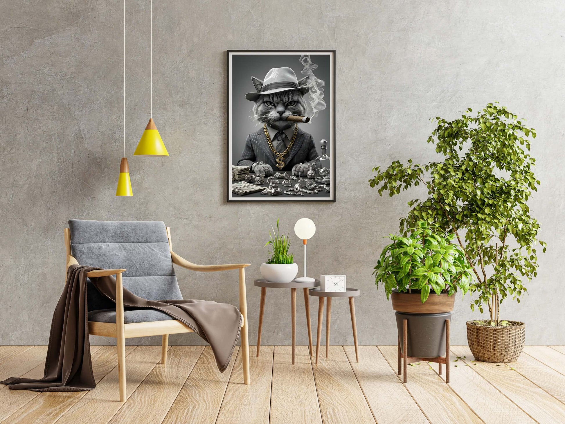 A high-quality portrait of a cool, confident grey tabby cat in a powerful pose.