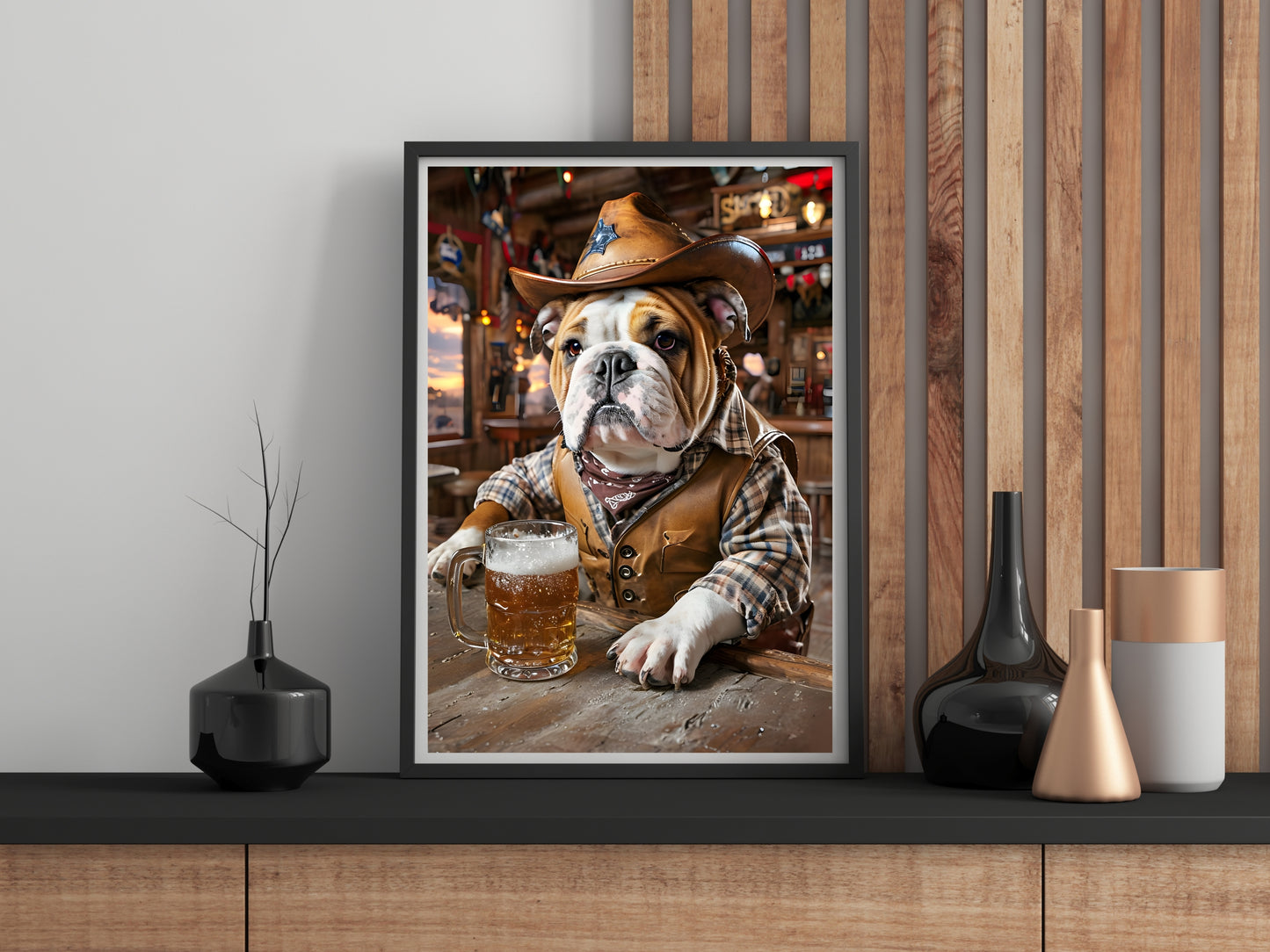 Framed picture of a dog in a cowboy hat with a beer on a wooden shelf.