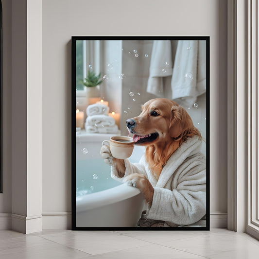 A charming portrait of a Golden Retriever enjoying a cozy, luxurious bubble bath with a cup of coffee.