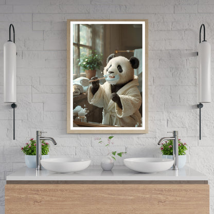 A close-up view showing the cozy Panda wearing a fluffy white bathrobe in a warm, sunlit bathroom.