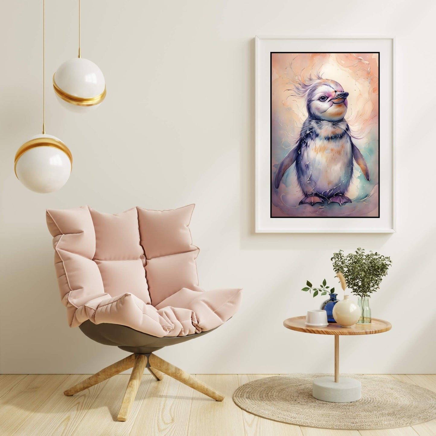 A full-view shot of the framed art, showing the adorable and heartwarming style of the baby penguin.