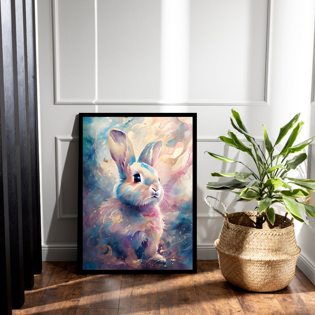 An angled shot of the framed bunny art, highlighting its dreamy and peaceful feel.