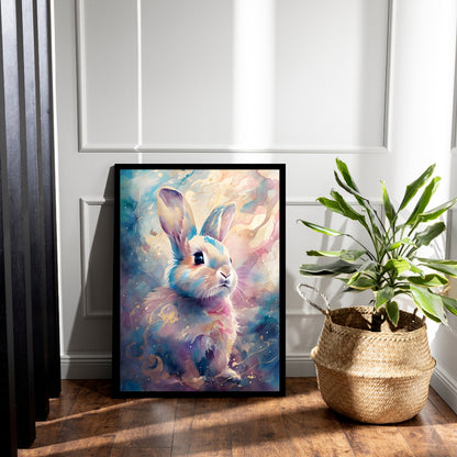 An angled shot of the framed bunny art, highlighting its dreamy and peaceful feel.
