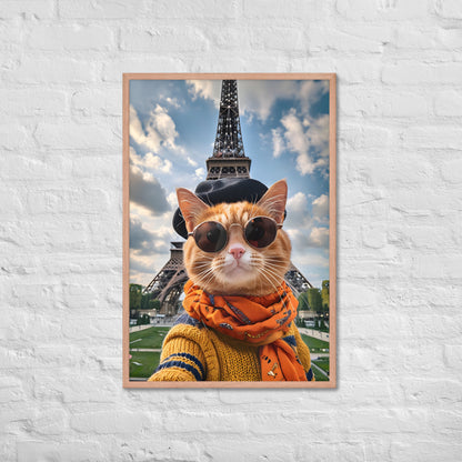 An angled shot of the framed French cat print, highlighting its unique style and making it a great gift for travel lovers.