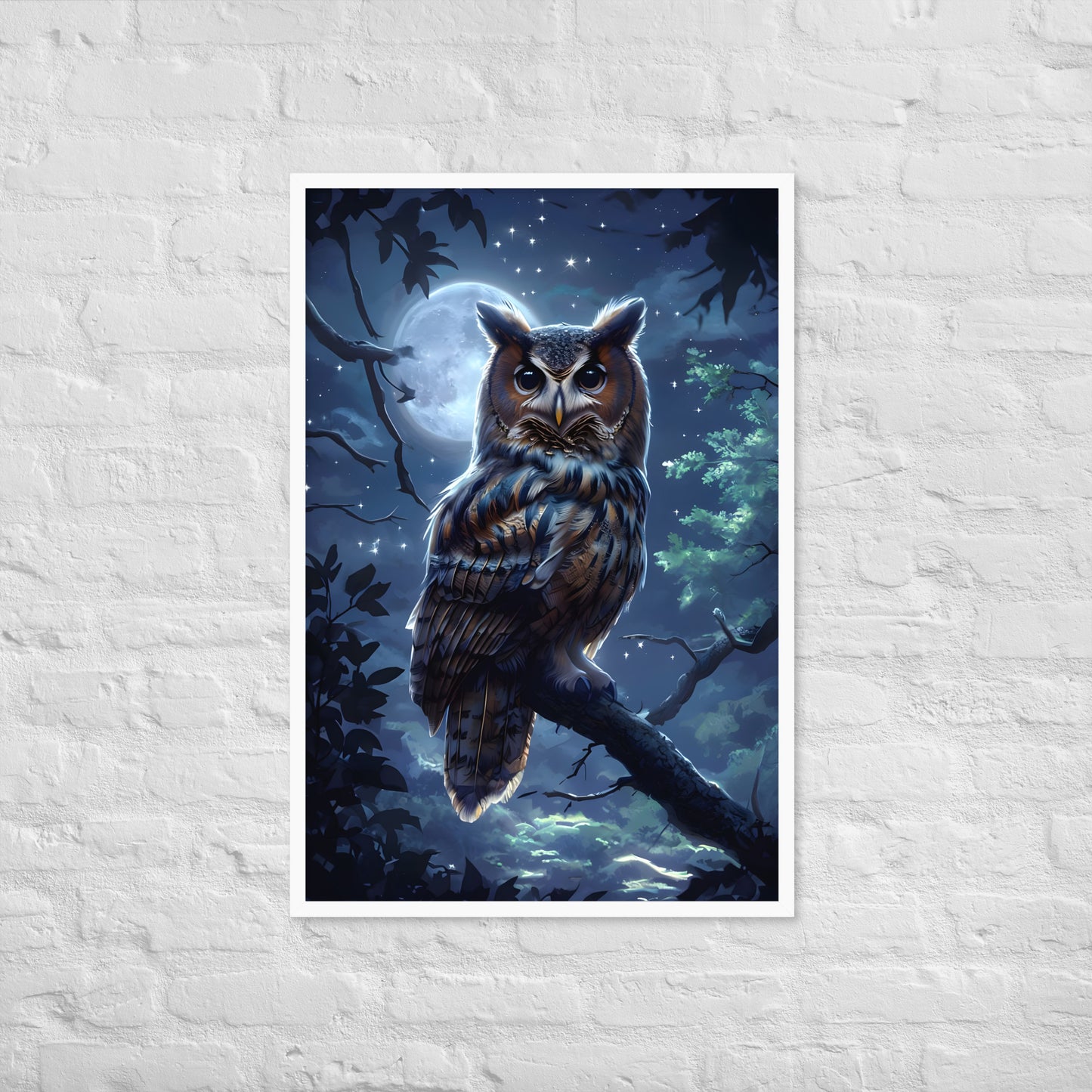 A wide shot of the framed art, showcasing the full, enchanting beauty of the mystical night forest scene.