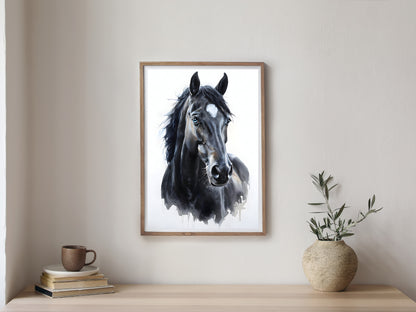 A black horse portrait with artistic drips, a bold wall print.