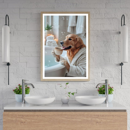 A close-up view highlighting the dog wearing a warm bathrobe and holding a steaming coffee mug.