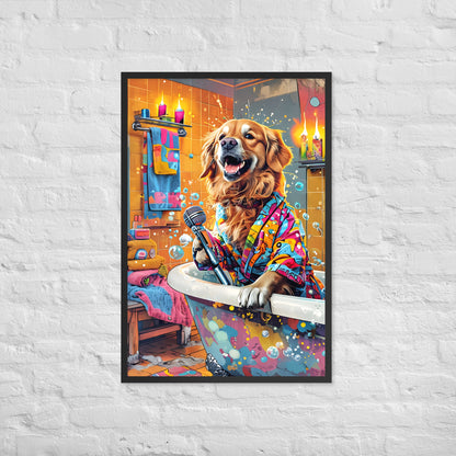 An angled shot emphasizing the dog's detailed, multi-colored robe and the whimsical energy of the scene.