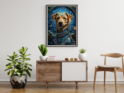 A golden retriever wearing a space suit, a celestial artwork.

