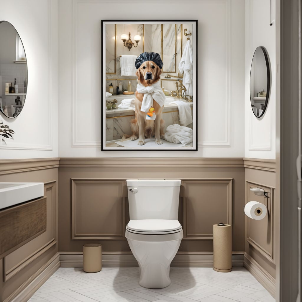 A close-up view highlighting the dog's happy expression and the detailed towel and shower cap.