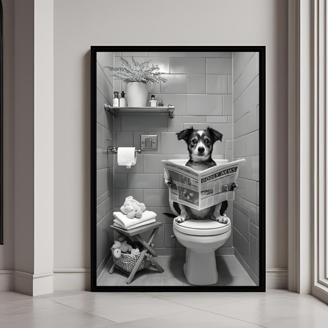 A framed black and white print of an adorable dog sitting on a toilet and reading the "DOGGY NEWS" newspaper.