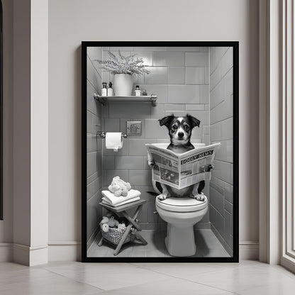 A framed black and white print of an adorable dog sitting on a toilet and reading the "DOGGY NEWS" newspaper.