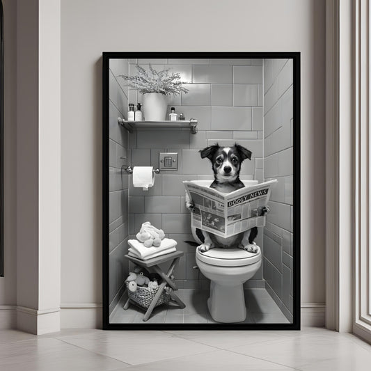 A framed black and white print of an adorable dog sitting on a toilet and reading the "DOGGY NEWS" newspaper.