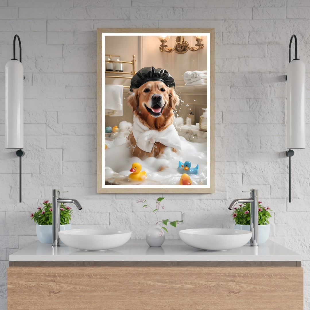 A close-up showing the happy dog wearing a black shower cap and a white towel wrap.
