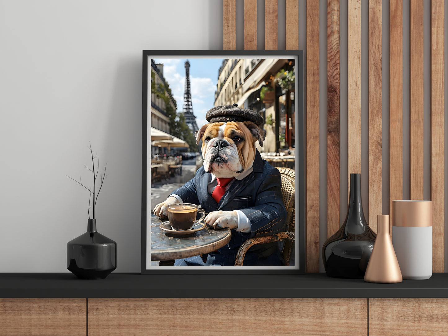 Framed picture of a dog in a suit with the Eiffel Tower in the background, displayed on a wall.