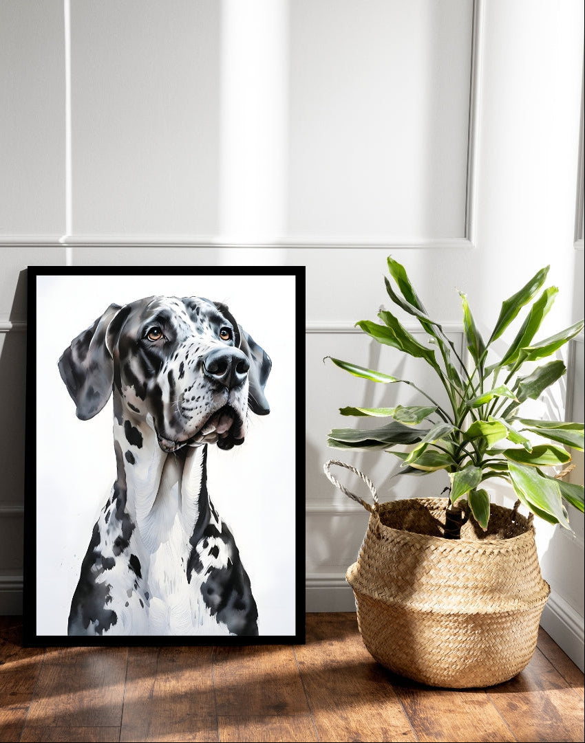 Framed portrait of a Dalmatian dog on a wooden floor with a plant in the background.
