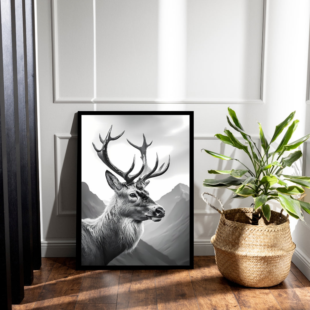 An angled shot of the framed print, highlighting its impressive antlers and high-contrast tones.