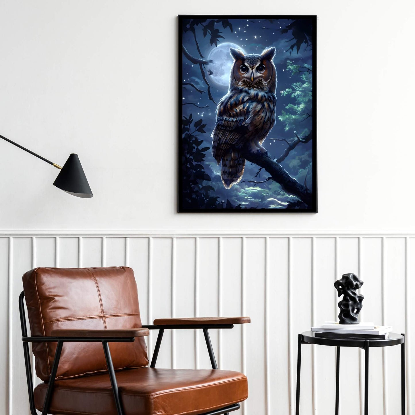 A high-quality painting of a wise owl in a forest at night, featuring a deep blue, dramatic scene.