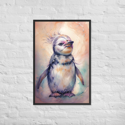 A vibrant and unique framed art print of a baby penguin, ideal for any animal lover or new parent.