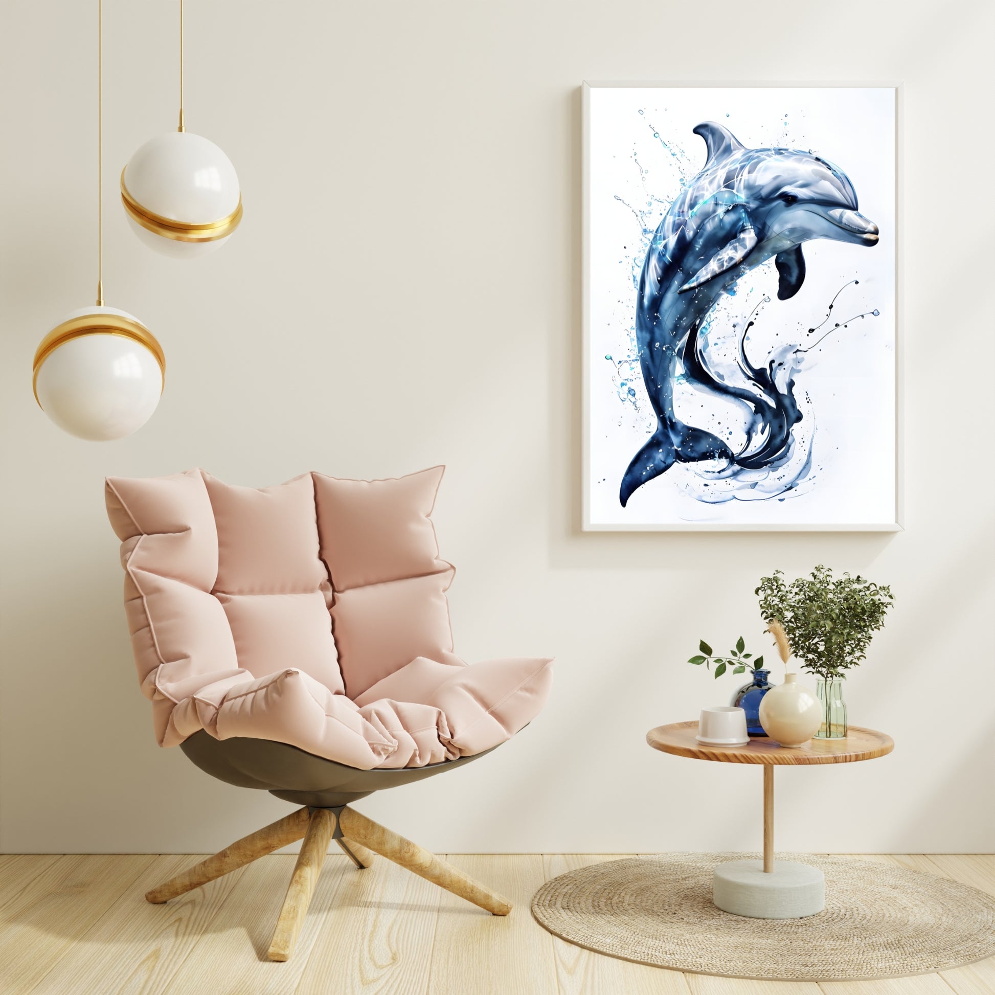 A framed print of a powerful dolphin leaping from the water, painted with vibrant, dynamic watercolor.