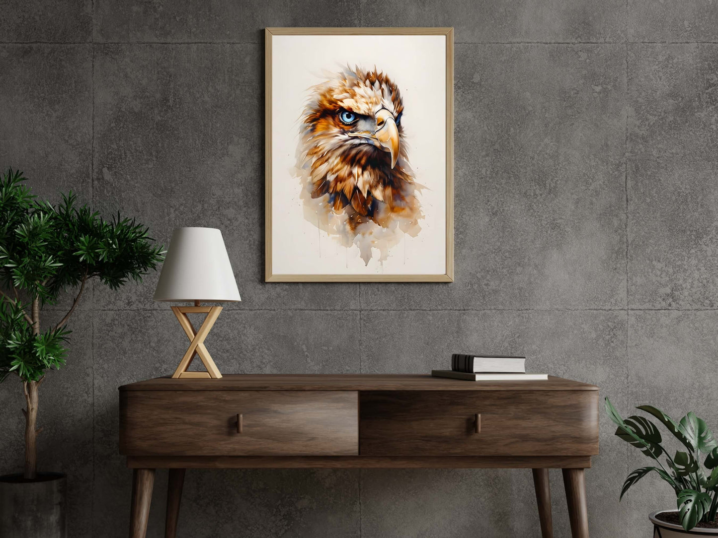 Framed raptor watercolor print.

