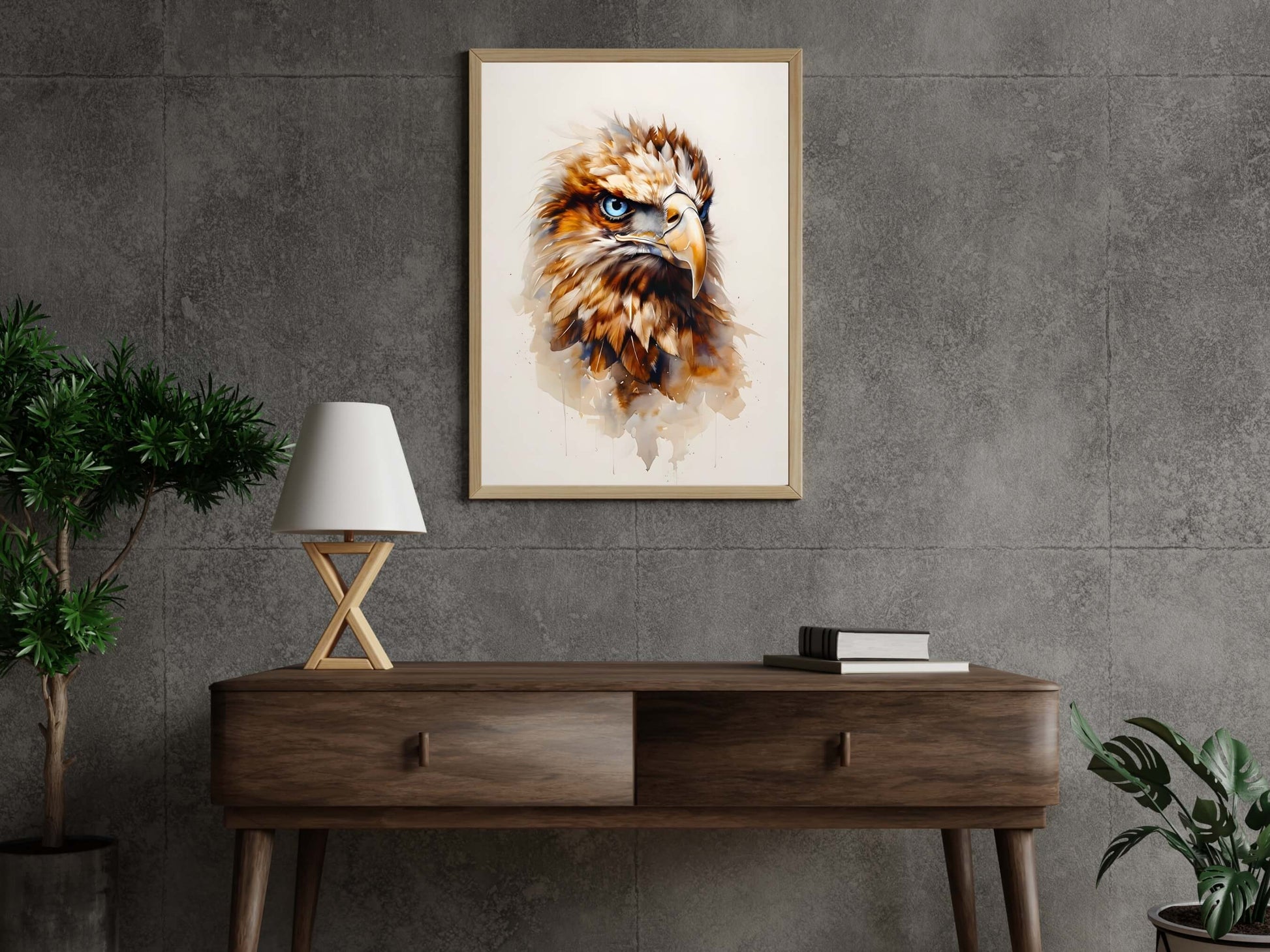 Framed raptor watercolor print.

