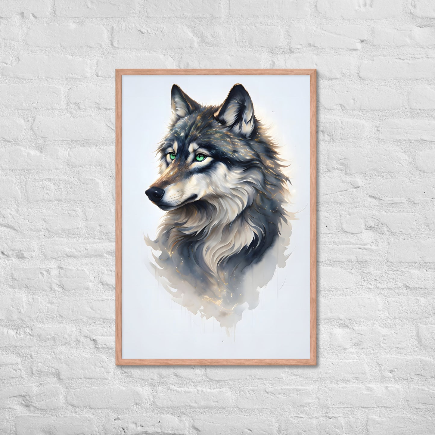 A close-up shot of the watercolor wolf print, showing the fine details and the ethereal style.

