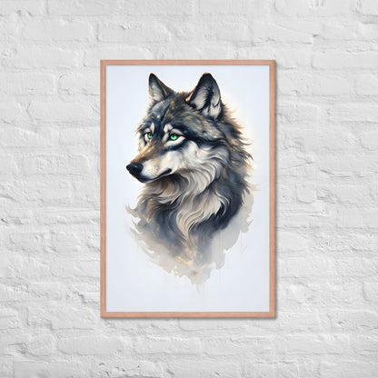 A close-up shot of the watercolor wolf print, showing the fine details and the ethereal style.

