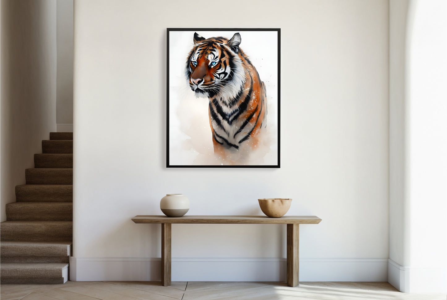 A close-up shot of the tiger's face, showing its powerful expression and the expressive brushwork.