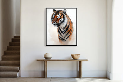 A close-up shot of the tiger's face, showing its powerful expression and the expressive brushwork.
