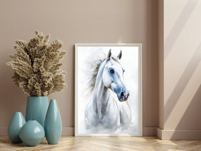 A full-view shot of the framed watercolor horse print, showcasing it as an elegant piece of animal wall art.