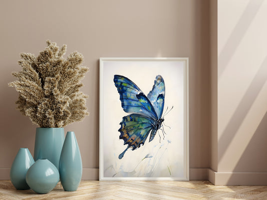 Elegant framed artwork of a blue and green butterfly on a white background

