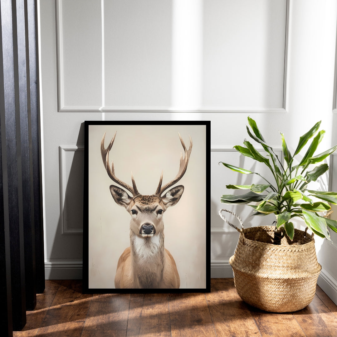 A full-view shot of the framed print, showing the elegant and timeless style of the stag.